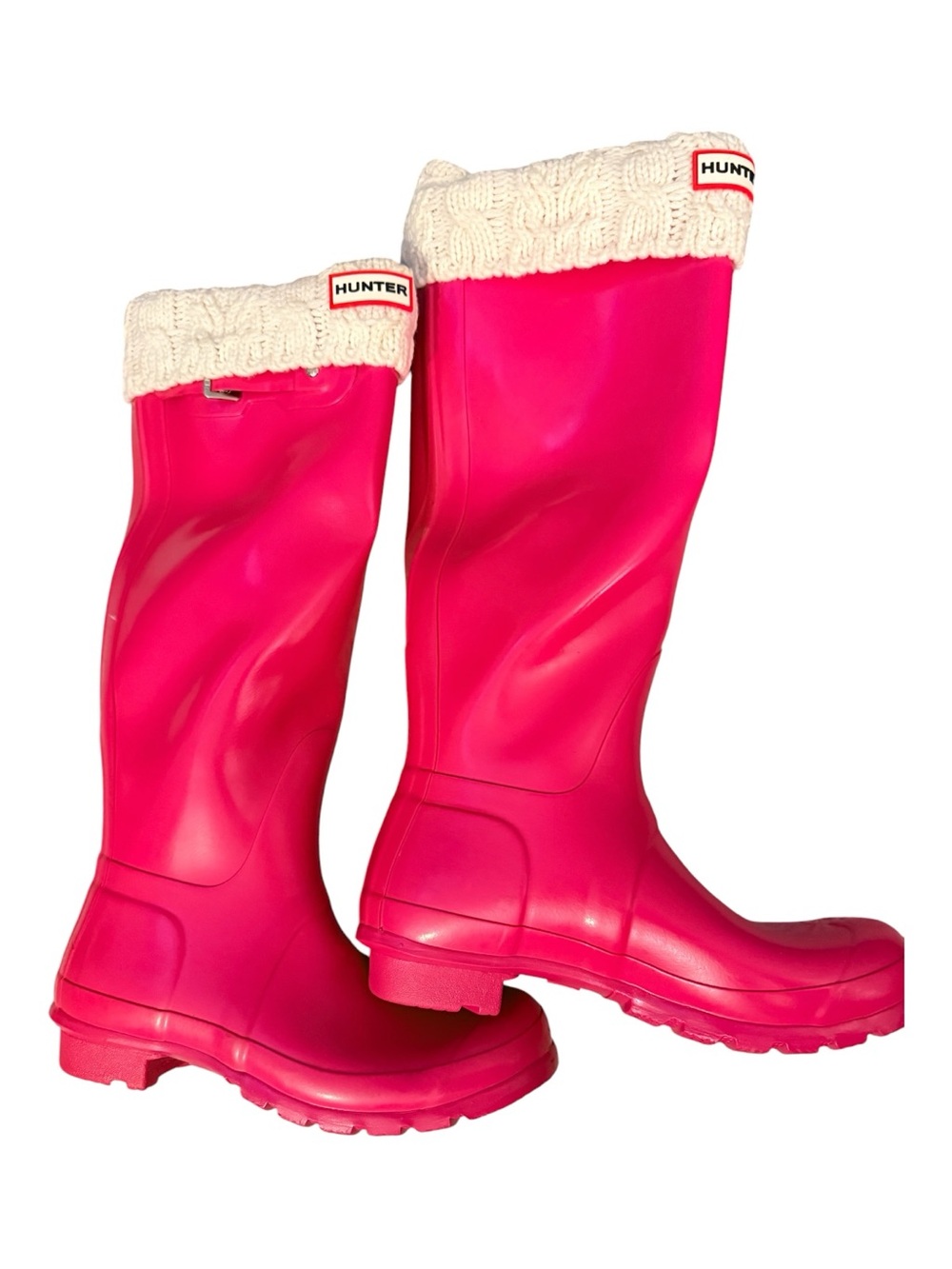 Hunter Pink Tall Rain Boots w/ Cream Knit Cuff collegiate fall cottagecore cozy - Picture 2 of 11